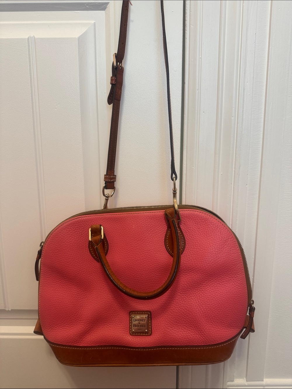 Dooney & Bourke Pink Leather Satchel with Brown Trim and Strap